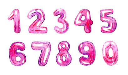 Balloon numbers. Birthday decoration. Hand drawn cartoon pink watercolor sketch illustration