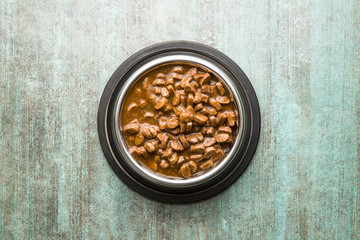 Meal for dog or cat. Canned meat with sauce.