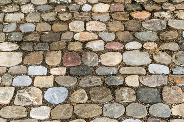 horizontal close up background of colorful round cobblestone street with many different size and shape and color stones