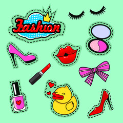 Fashion patch badges with lips, shoes, lipstick, speech bubbles, crown, eyelashes, nail polish, duck, bow, and other elements. Set of girlish stickers, patches in cartoon isolated on white background