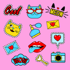 Fashion patch badges with lips, cats, hearts, meow, letter, perfume, camera, speech bubbles,tongue, lipstick and other elements.Set of girlish stickers, patches in cartoon isolated on black background