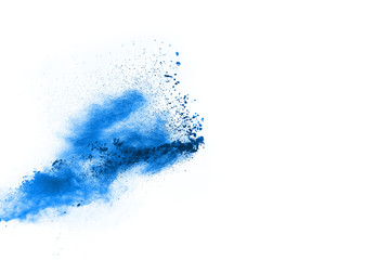 Blue powder explosion on white background. Colored cloud. Colorful dust explode. Paint Holi.