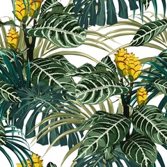 Tropical exotic tender lovely yellow flowers, palm monstera leaves, green floral summer seamless pattern illustration. White background.
