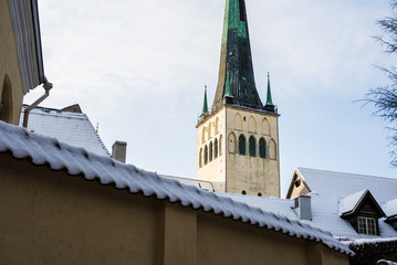 Winter. Old Town of Tallinn, Estonia, on a clear sunny day. St. Olaf's Church close-up