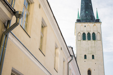 Winter. Old Town of Tallinn, Estonia, on a clear sunny day. St. Olaf's Church close-up