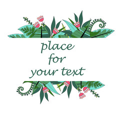 Green summer tropical background with exotic palm leaves and flowers. Vector floral background.