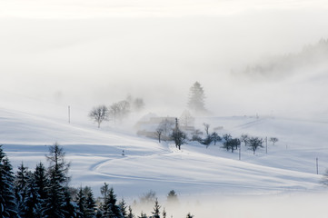 Verschneite Landschaft in Nebel gehüllt