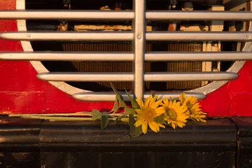 Keuken spatwand met foto red bus London old flowers yellow sunflowers summer field © Мария Манн
