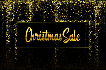 Christmas Sale Gold glitter confetti texture on a black background. Golden Christmas banner. Gold grainy dust abstract texture on a black background. Christmas background design element.