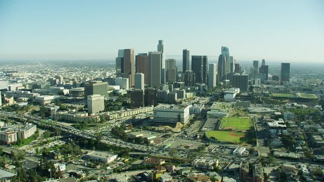 Aerial view Los Angeles city Freeways skyscrapers California