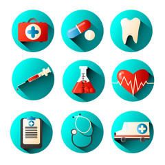 Set of medical icons with different elements of a syringe, ambulance, pills and more.