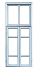Old blue palace window isolated on white background, retro style double frames building element for design