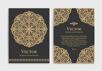 Naklejka na ściany i meble Gold vintage greeting card on a black background. Luxury vector ornament template. Mandala. Great for invitation, flyer, menu, brochure, postcard, wallpaper, decoration, or any desired idea.