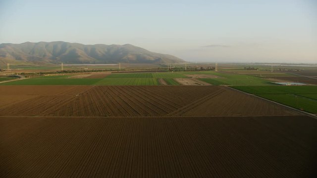 Aerial view strawberry crop fields Oxnard California USA