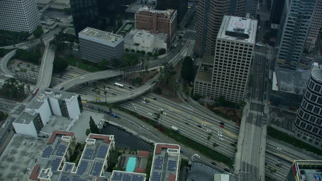 Aerial overhead view vehicle Freeway Los Angeles California