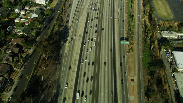 Aerial view Los Angeles US10 Freeways skyscrapers California