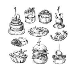 Finger food vector drawings. Food appetizer and snack sketch. Ca - obrazy, fototapety, plakaty