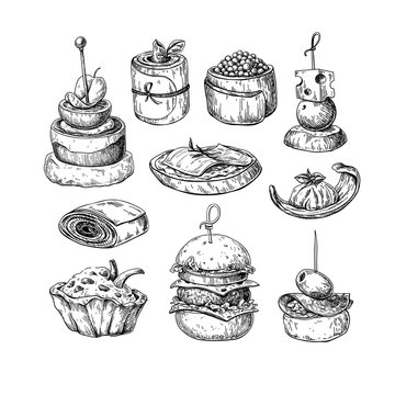 Finger food vector drawings. Food appetizer and snack sketch. Ca