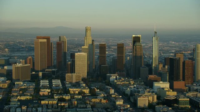 Aerial sunset view of Los Angeles skyscrapers USA