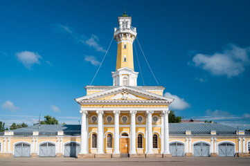 Kostroma, Russia - July 9, 2013: Fire Tower. View of the streets of the old Russian city