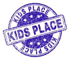 KIDS PLACE stamp seal watermark with grunge texture. Designed with rounded rectangles and circles. Blue vector rubber print of KIDS PLACE tag with dust texture.