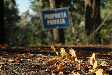 Un Puerta con un cartel, escrito propiedad privada