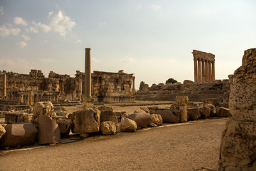 Ruins of Jupiter temple and Great Court of Heliopolis in Baalbek, Bekaa valley Lebanon