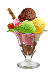 Strawberry and chocolate sundae ice cream cup and wafer isolated on white background