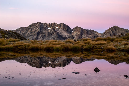 View To A Mountain Range From The Upper Traverse Saddle Near St. Arnaud, South Island, New Zealand, Just Before Sunrise