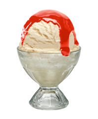 Vanilla ice cream in glass sundae dish bowl isolated on white background with clipping path