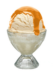 Vanilla ice cream in glass sundae dish bowl isolated on white background with clipping path