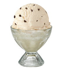 Vanilla ice cream in glass sundae dish bowl isolated on white background with clipping path