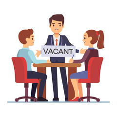 Job interview with hr managements and man with table vacant. Vector illustration