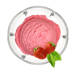 Scoop of strawberry ice cream in glass bowl from top view isolated on white background