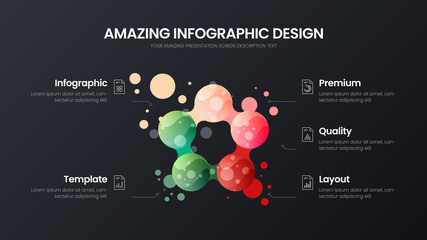 Premium quality 5 option marketing analytics presentation vector illustration template. Creative business data visualization design layout. Amazing colorful fresh organic statistics infographic report