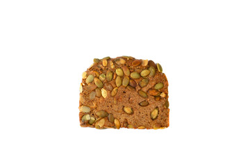 One piece of healthy sliced bread with pumpkin seed, close up, isolated. Top view.