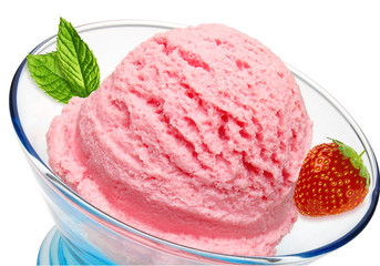 Scoop of strawberry ice cream in glass bowl isolated on white background
