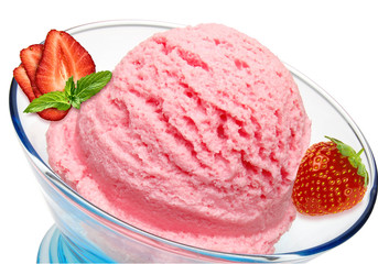 Scoop of strawberry ice cream in glass bowl isolated on white background