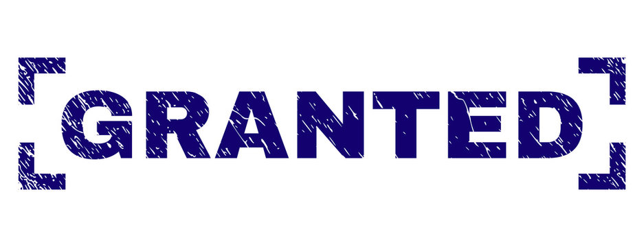 GRANTED title seal print with grunge style. Text title is placed inside corners. Blue vector rubber print of GRANTED with retro texture.