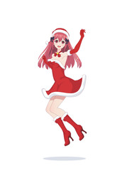 Joyful anime manga girl as Santa Claus in a jump