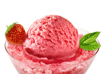 Scoop of strawberry ice cream in glass bowl isolated on white background