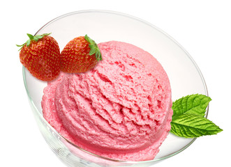 Scoop of strawberry ice cream in glass bowl isolated on white background