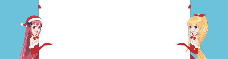 Two anime manga woman looks out from behind poster