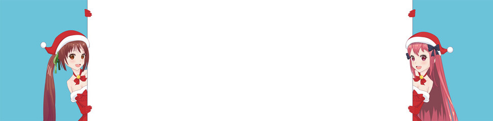 Two anime manga woman looks out from behind poster