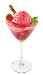 Scoop of strawberry ice cream in glass bowl isolated on white background