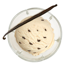 Vanilla ice cream scoop with bean or pod in sundae dish bowl from top, top view or from above isolated on white background 
