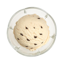 Vanilla ice cream scoop in sundae dish bowl from top, top view or from above isolated on white background 