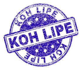 KOH LIPE stamp seal imprint with grunge texture. Designed with rounded rectangles and circles. Blue vector rubber print of KOH LIPE caption with grunge texture.