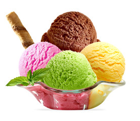 Strawberry and chocolate sundae ice cream cup and wafer isolated on white background