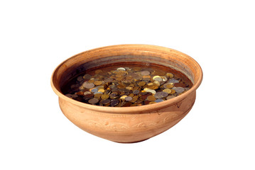 Clay pot with coins
